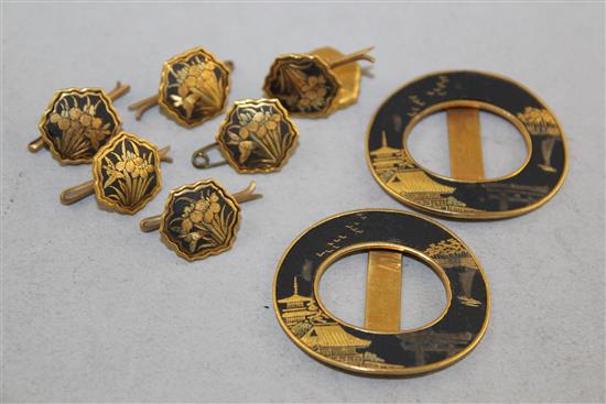 A set of dress studs and a pair of shoe buckles, early 20th century, buckles 3.6cm